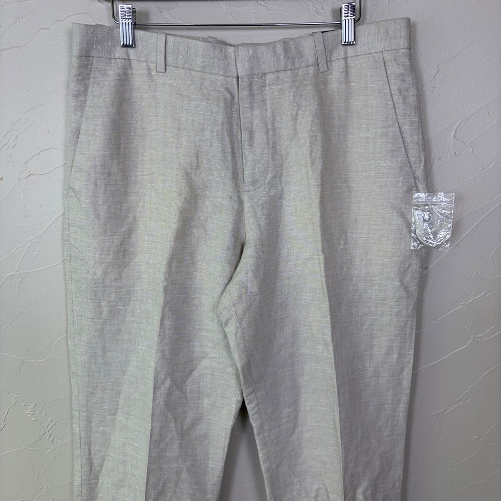 New Perry Ellis Portfolio Linen Pants Mens 32x30 Beige Flat Front Dress Trousers - Picture 3 of 12
